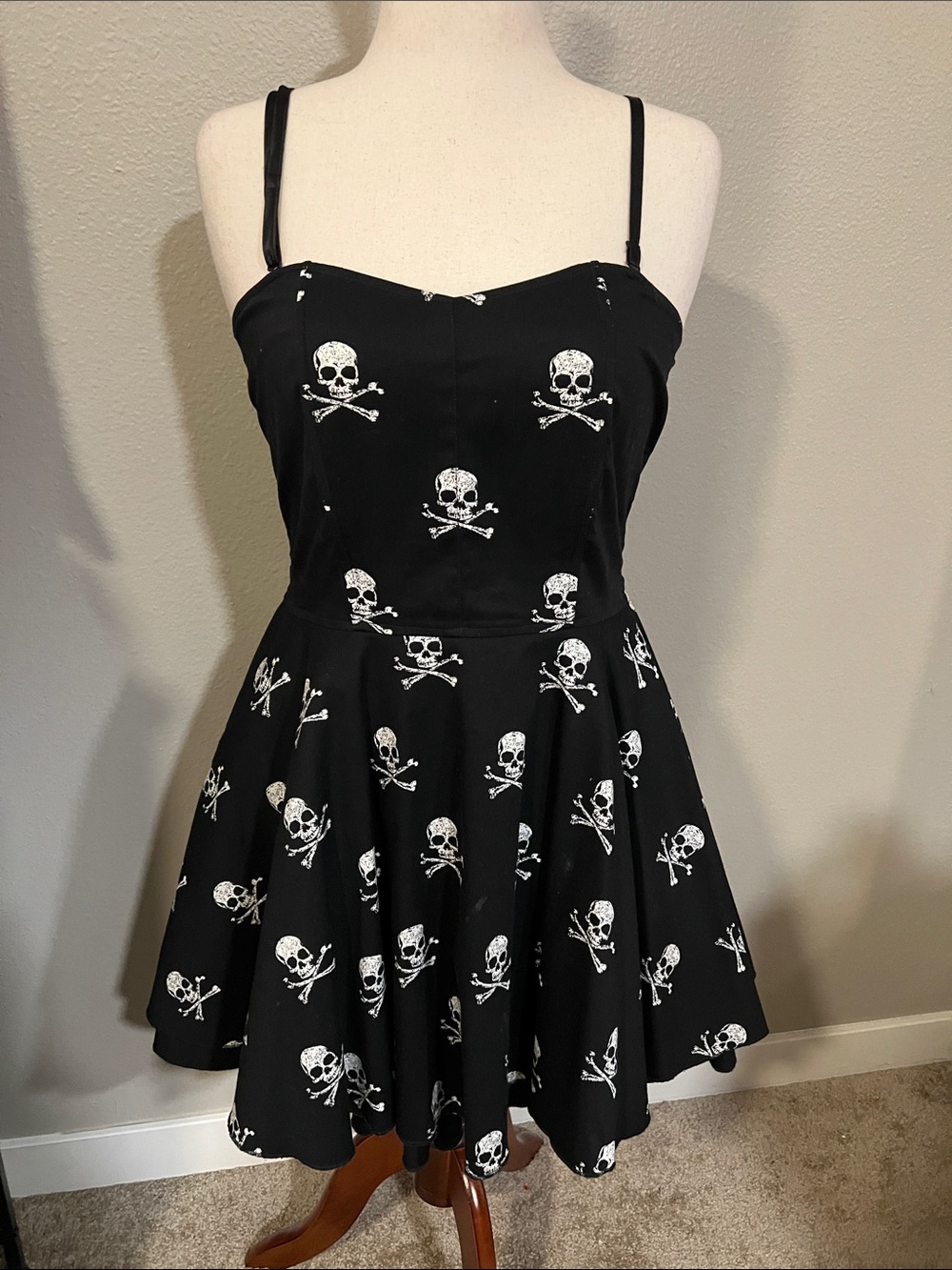 Black Skull Print Removable Strap Fit & Flare Dress